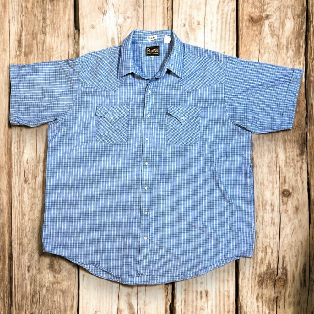 VTG Plains Western Shirt Mens Button Down Cowboy Blue Plaid Short Sleeve Sz 2XL